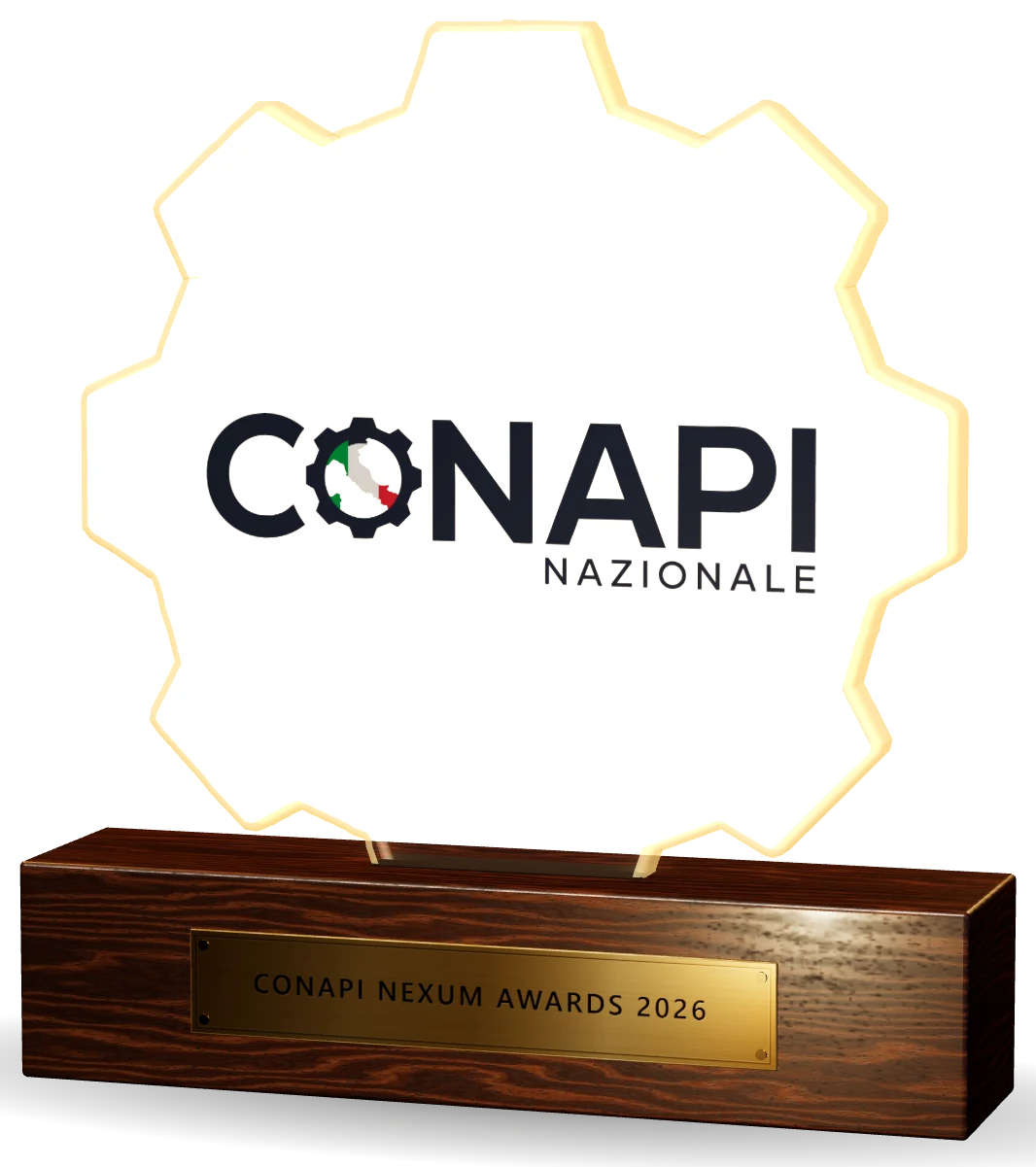 La statuetta dei CONAPI NEXUM Awards: un ingranaggio di cristallo con il logo CONAPI Nazionale su una base in legno con targa dorata.